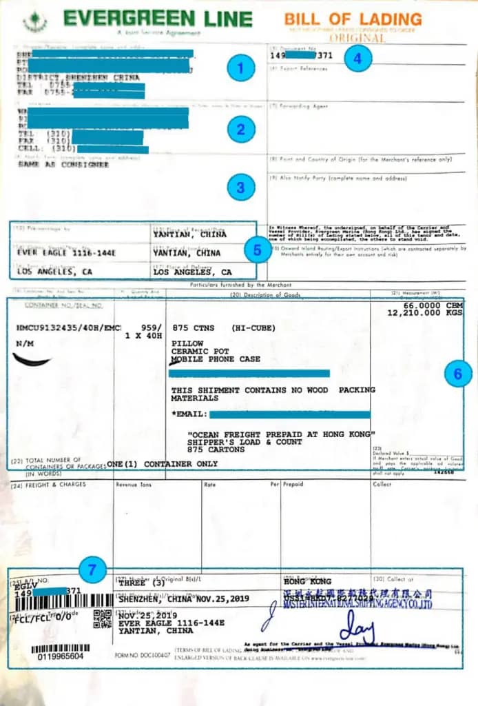 image of ocean master bill of lading (MBL)